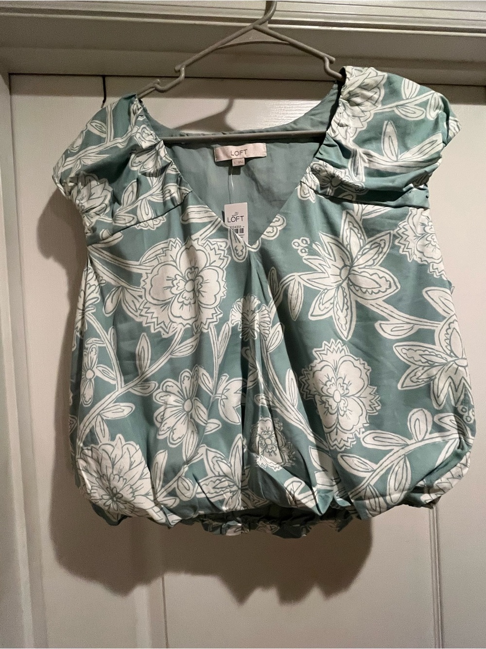 LOFT Mint Green Floral Bubble-Hem Blouse